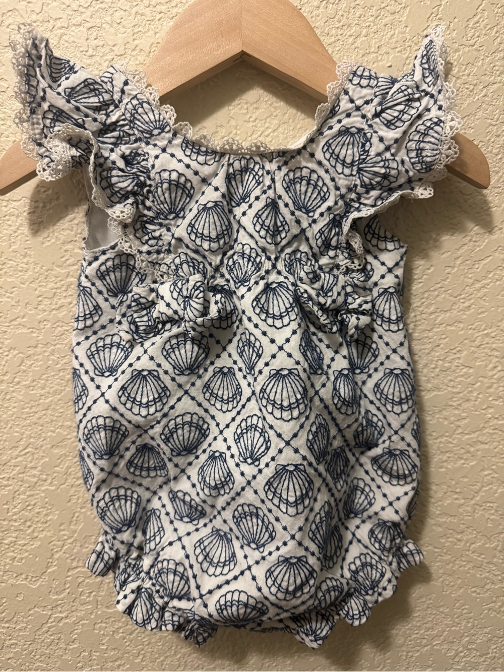 Rachel Zoe White and Navy Shell-Print Ruffle One-Piece